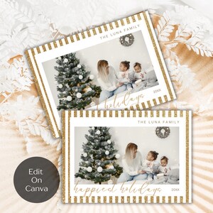 Gold Stiped Editable Christmas Holiday Card, Editable Holiday Card, Custom Holiday Card Photo, Christmas Photo Card, Canva Template, Gold