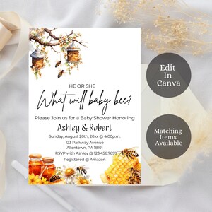 Editable Bee Gender Reveal Invitation, Baby Shower, What Will Baby Bee Invitation, Bumble Bee, Instant Download, WP1