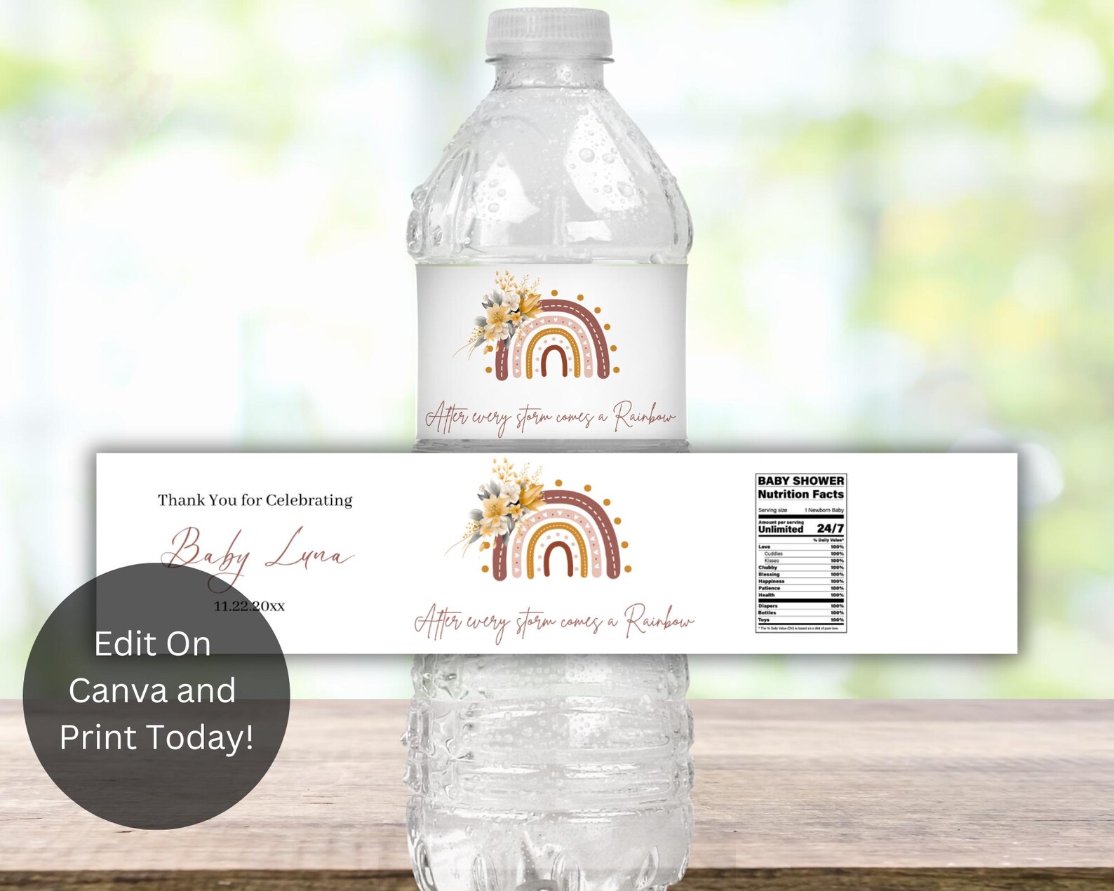 Editable Boho Rainbow Water Bottle Label Template, Rainbow Baby Gender ...