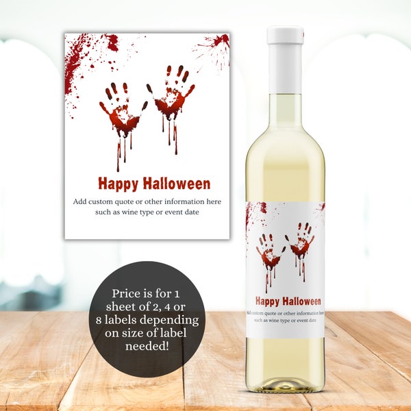 Custom PRINTED Wine Labels, Halloween Wine Label, Spooky Bloody Handprints, Halloween Wine Label, Waterproof Wine Labels, Multiple Sizes