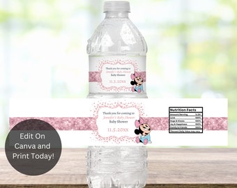 Etiqueta editable de botella de agua rosa bebé Minnie, etiqueta de botella rosa Minnie, envoltorio de botella bebé Minnie, etiquetas de favor de fiesta, baby shower, BMM3