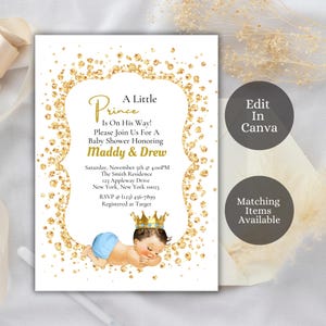 Convite editável para chá de bebê Royal Prince em azul e dourado, convite para chá de bebê Prince, Royal Prince, chá de bebê, AB3