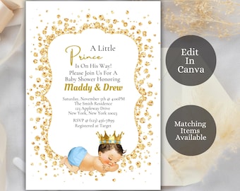 Bewerkbare Royal Prince babyblauwe en gouden prins babyshower uitnodiging, prins babyshower uitnodiging, Royal Prince, babyshower, AB3