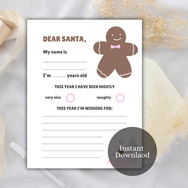 Dear Santa Kids Printable, Kids Christmas List Printable, Christmas Wish List Printable, Gingerbread Man, Pastel Colored