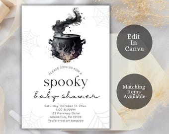 May include: A black and white invitation for a spooky baby shower. The invitation features a cauldron with smoke and flames, and the text "PLEASE JOIN US FOR A spooky baby shower". The invitation also includes the date, time, address, and registry information.