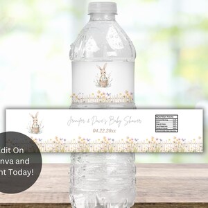Editable Bunny Rabbit Baby Shower Water Bottle Labels, Bunny Baby Shower, Party Decor, Thanks for Hopping By Baby Shower, HB1