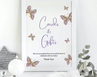 A Little Butterfly Baby Shower, Baby Girl, Editable Cards and Gifts Sign Printable, Purple and Gold Butterfly, Gift Table Sign, 3 Sizes, GB1