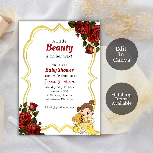 Editable Baby Shower Invitation, A Little Beauty Is On The Way, Princess Baby Shower, Belle Baby Shower, Floral Princess Invite, PBY1