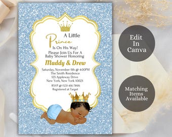 Bewerkbare babyshoweruitnodiging, babyblauwe en gouden prins babyshower, Royal Prince babyshower uitnodiging, prins babyshower, AB4