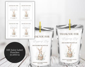 Printable Juice Labels, Bunny Rabbit Easter Themed Baby Shower Juice Pouch Labels, Gender Neutral, Baby Shower Juice Label Templates, HB1