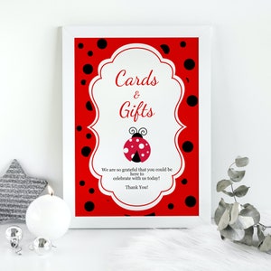 Carte modificabili a tema Lady Bug e cartello regalo, Baby Shower, tema Little Lady Ladybug, cartello regalo per doccia, cartello di ricevimento da tavolo, LLB1