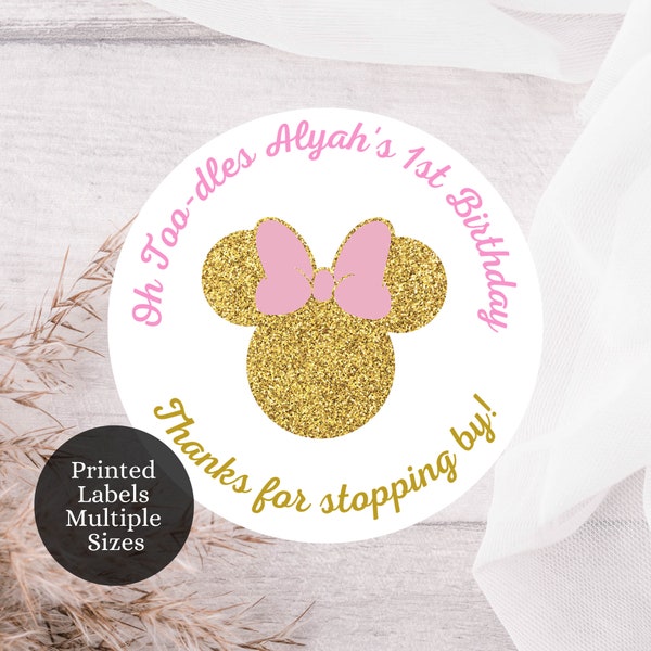 Pink & Gold Mouse Birthday Party Stickers, Labels, Tags, Favors, Custom Made, MM3
