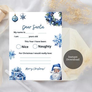 Plantilla de lista de deseos navideños para niños, lista de deseos de regalos imprimible, lista de deseos navideños para niños en azul real, lista de deseos navideños para niños, carta a Papá Noel