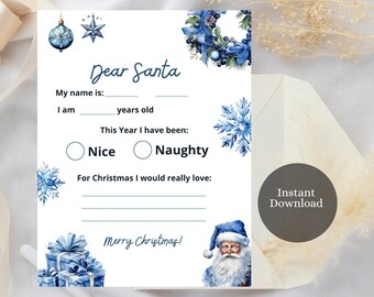 Christmas Wish List Template for Kids, Printable Gift Wish List, Royal Blue Children&#39;s X-Mas Wish List, Kids Holiday Wish List, Santa Letter