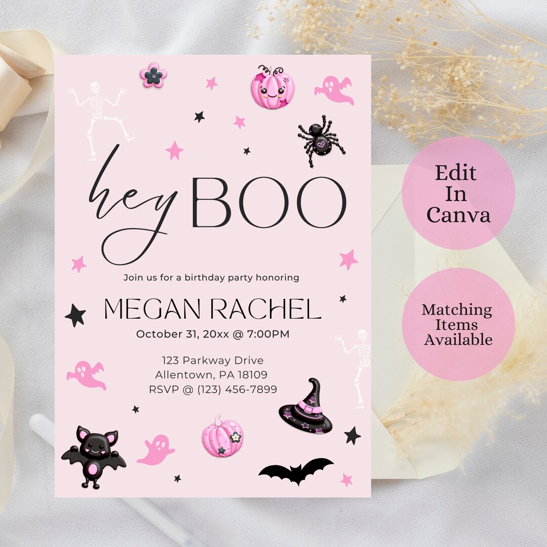 Editable Pink Halloween Birthday Invitation, Pink Girly Halloween ...