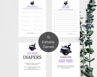 May include: A set of four baby shower game cards with a purple and black witch theme. The games include "How Old Was She?", "Guess the Baby Food", and "Late Night Diapers". A circular graphic reads "15 Editable Games".