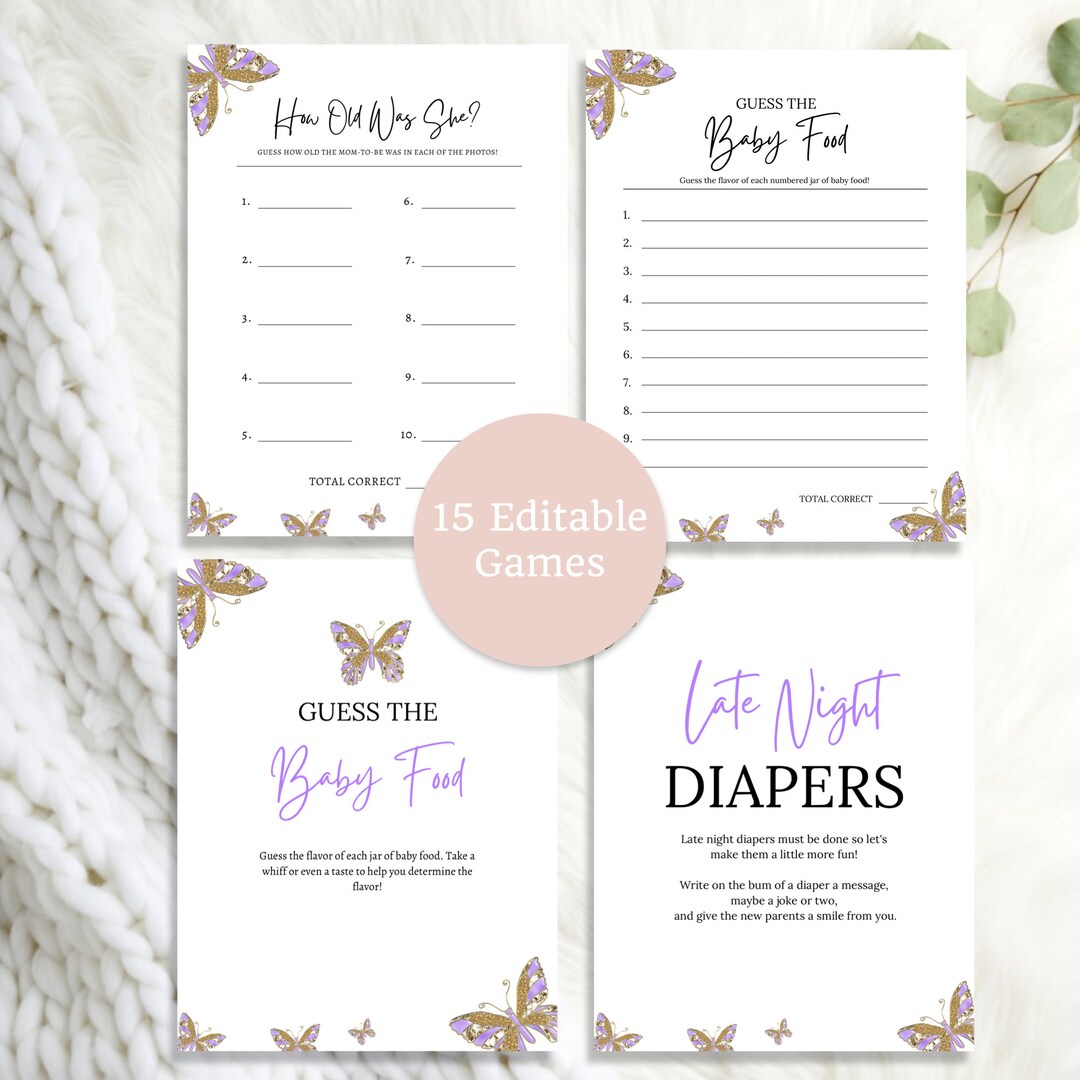 A Little Butterfly Baby Shower Game Bundle Templates, Purple and Gold Baby Girl Baby Shower Game