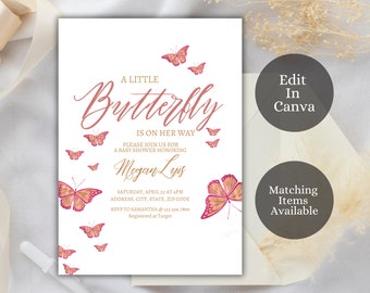 EDITABLE Butterfly Baby Shower Invitation, A Little Butterly Is On the Way, Baby Girl, Shower Invite, Pink and Gold Butterfly, RGB1