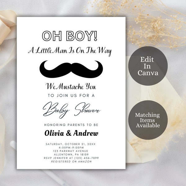 Faire-part de baby shower modifiable, un petit homme est sur le chemin, faire-part de baby shower moustache, bébé garçon, invitation de baby shower moustache, MBS1