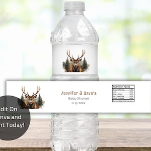 May include: Water bottle label with a brown and white deer illustration, text that reads "Jennifer & Dave's Baby Shower 11.15.20xx" and a nutrition facts table with a list of positive attributes.