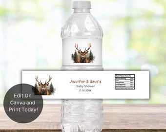 Editable Deer Themed Baby Shower Water Bottle Labels, Oh Deer Baby Shower, A Little Buck Is On The Way, Deer Antlers, Little Buck, RDS1