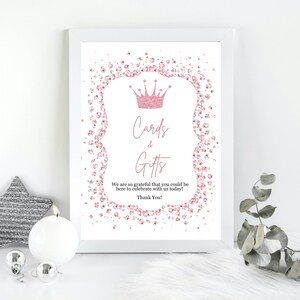 Editable Pink Glam Royal Princess Baby Shower Cards and Gifts Sign, Pink Glitter Crown, Printable, Princess Shower, Baby Girl, 3 Sizes, PFP1