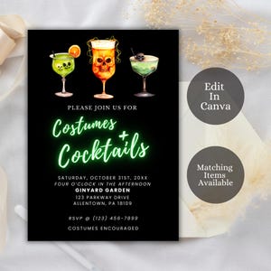 Redigerbara kostymer och cocktails Halloweeninbjudan, redigerbar Halloweenfestinbjudan, Halloweencocktailpartyinbjudan, HCP1