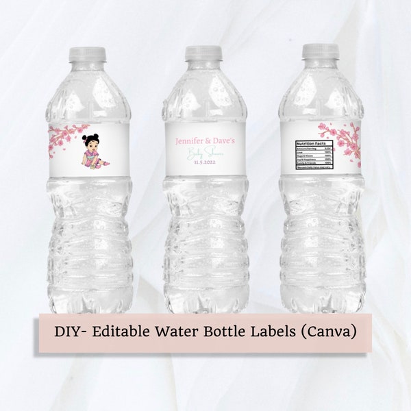 Editable Baby Princess Baby Shower Water Bottle Label Template, Baby Shower Party Favors, Cherry Blossoms, Princess Mulan Baby Shower, PBM1