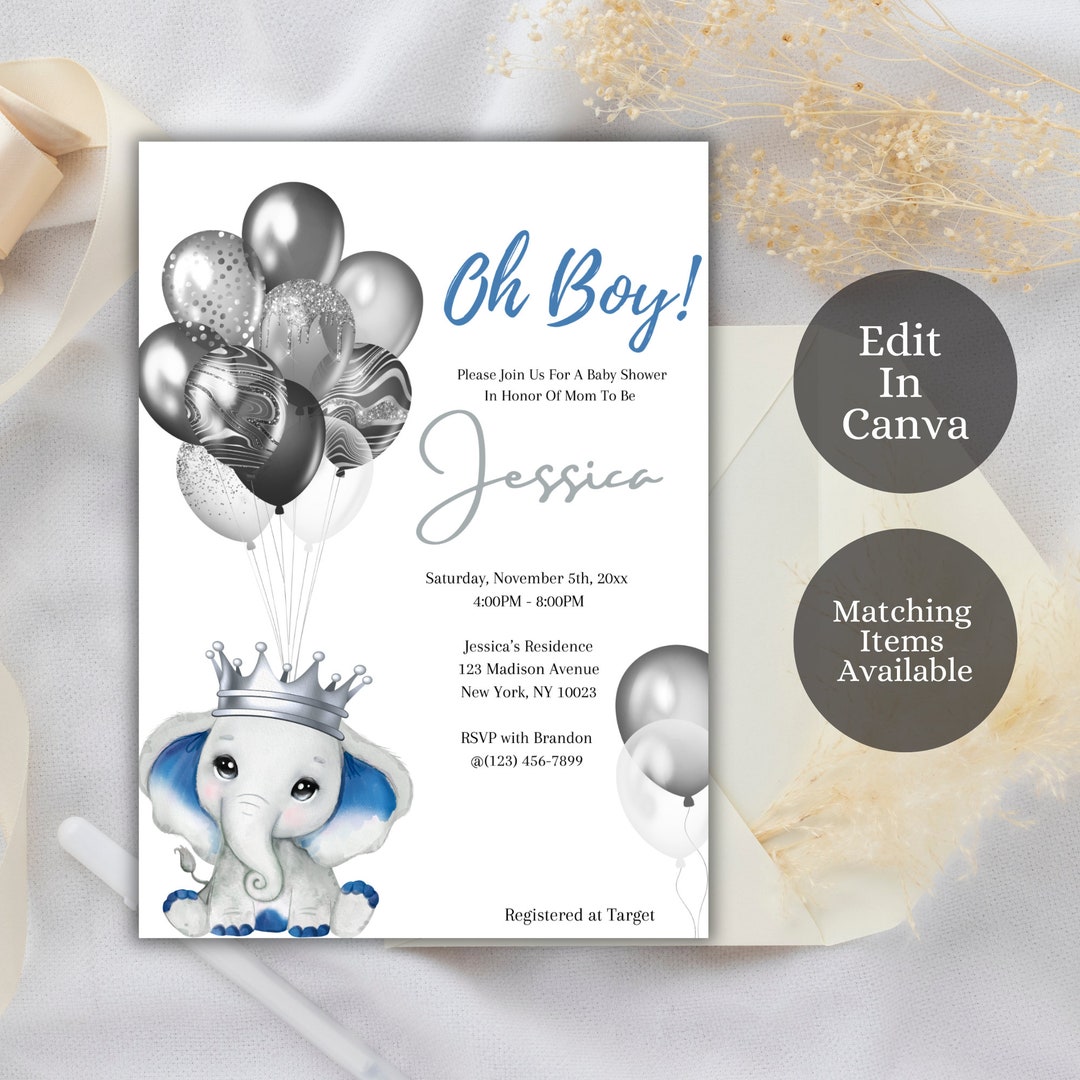 Elephant Baby Shower Invitation Boy, Printable Invite INSTANT DOWNLOAD