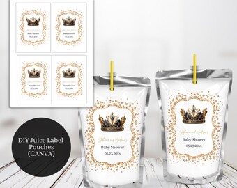 Pode incluir: Etiquetas de sacos de sumo para fazer você mesmo com um design de coroa dourada e glitter. As etiquetas dizem "Baby Shower" e "Stephanie and Andrew's" com uma data.