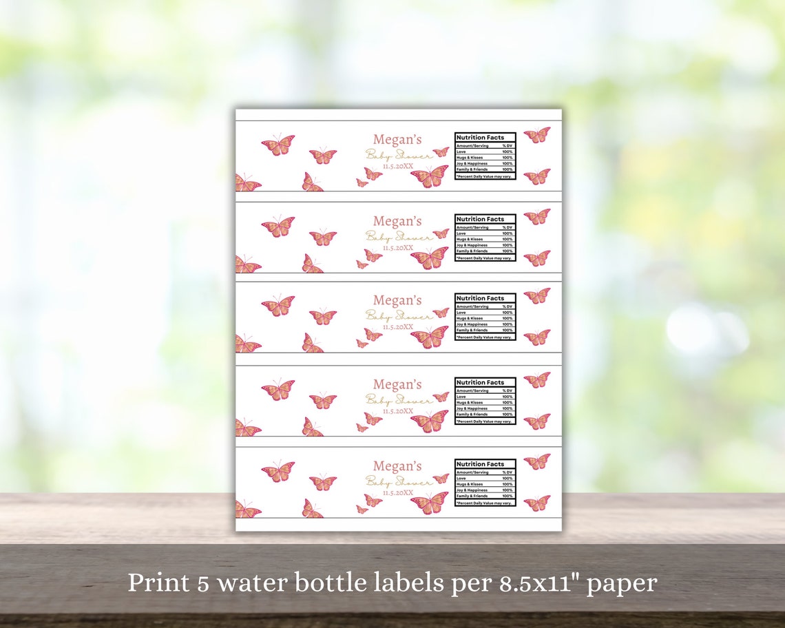 Pink Butterfly Label Editable Gold and Pink Butterfly Water Bottle Labels, Butterfly Baby ...