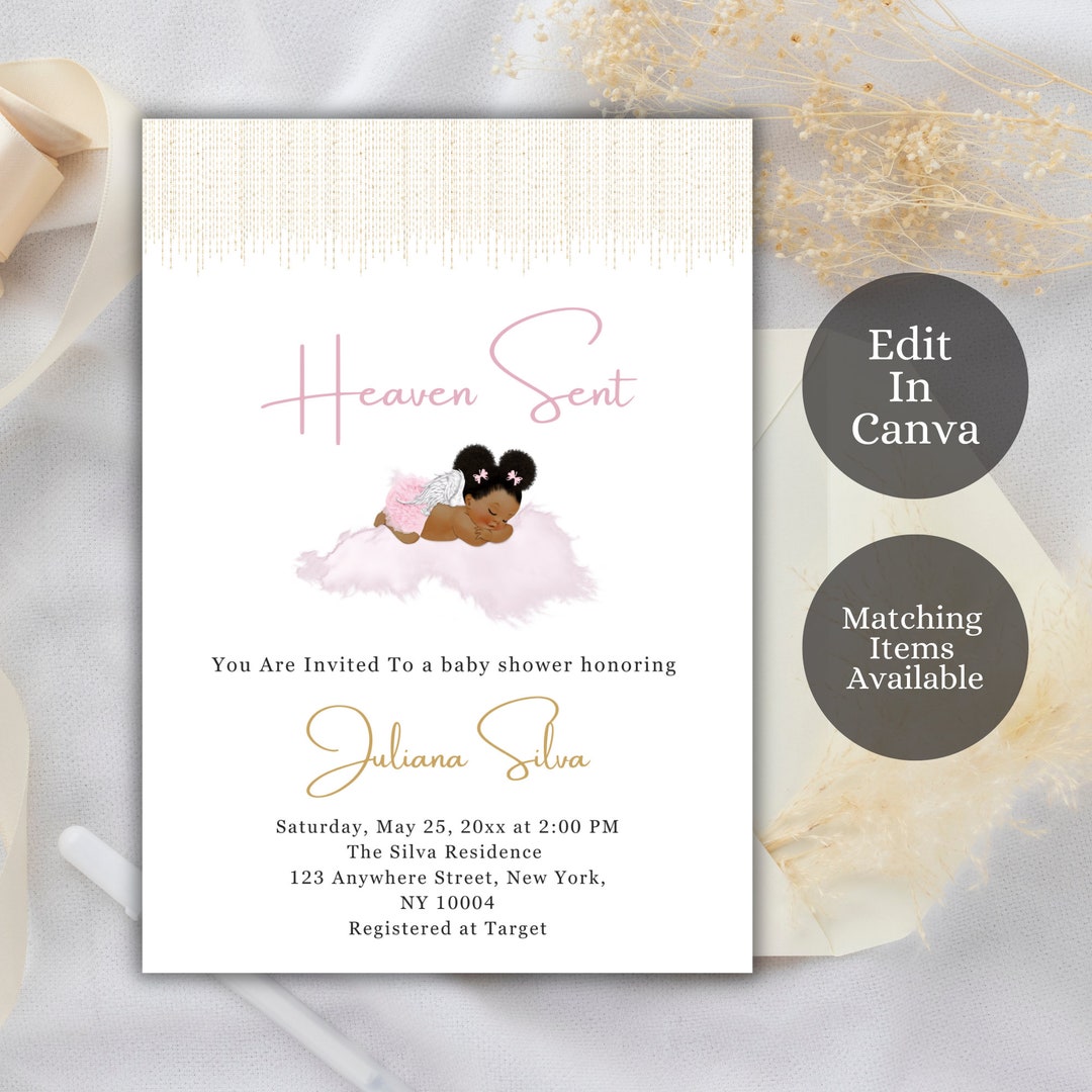 Heaven Sent Baby Shower Invitation, Afro Baby Girl, Baby Shower ...