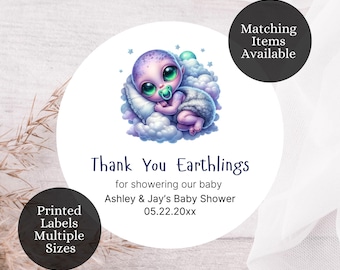 Alien Baby Shower Round Party Favor Labels, Thank You Stickers, UFO Baby Shower, Earthlings, BSW1