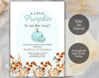 Può includere: Un invito a un baby shower con un'illustrazione di zucca blu e un bordo floreale autunnale. Il testo recita "A Little Pumpkin Is on the Way!" e include i nomi "Andrew & Deanna", la data "March 13, 20XX", l'ora "12:00 PM", l'indirizzo "123 Parkway Street, Allentown, PA 18101", e la frase "Please Join Us For A Baby Shower Honoring".