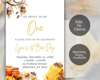 Editable Bee Birthday Invitation Bumble Bee Birthday Party First Bee-Day Honey Bee Birthday Invite Bee Invitation Sweet to Bee One, Bee1