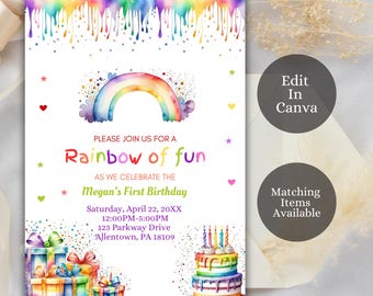 Editable Rainbow Birthday Invitation, Gender Neutral Rainbow Party Invite, Rainbow of Fun Party, Kids Birthday Party Invite, RNB1