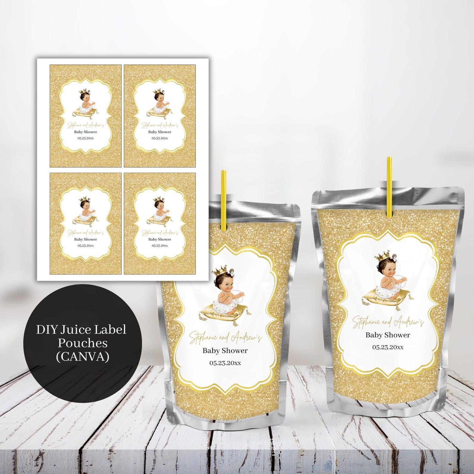 Editable Juice Label Template, Royal Princess Gold Glam Juice Pouch ...