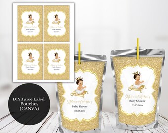 Bearbeitbare Saftetikettenvorlage, Royal Princess Gold Glam Juice Pouch-Etiketten, Getränkebeutel Princess Party, Party Favor Labels, PC5