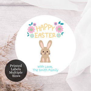 Custom Happy Easter Stickers, Personalized Easter Labels, Easter Bunny with Flowers Easter Stickers, Easter Labels, Easter Favor Stickers