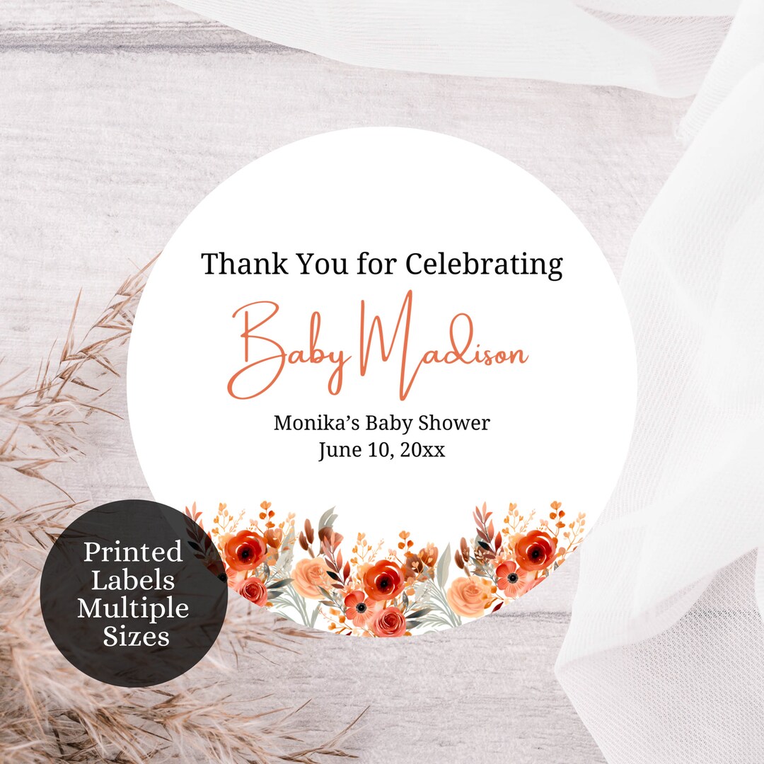 Orange Peach Red Floral Baby Shower Favor Labels, Floral Baby Shower