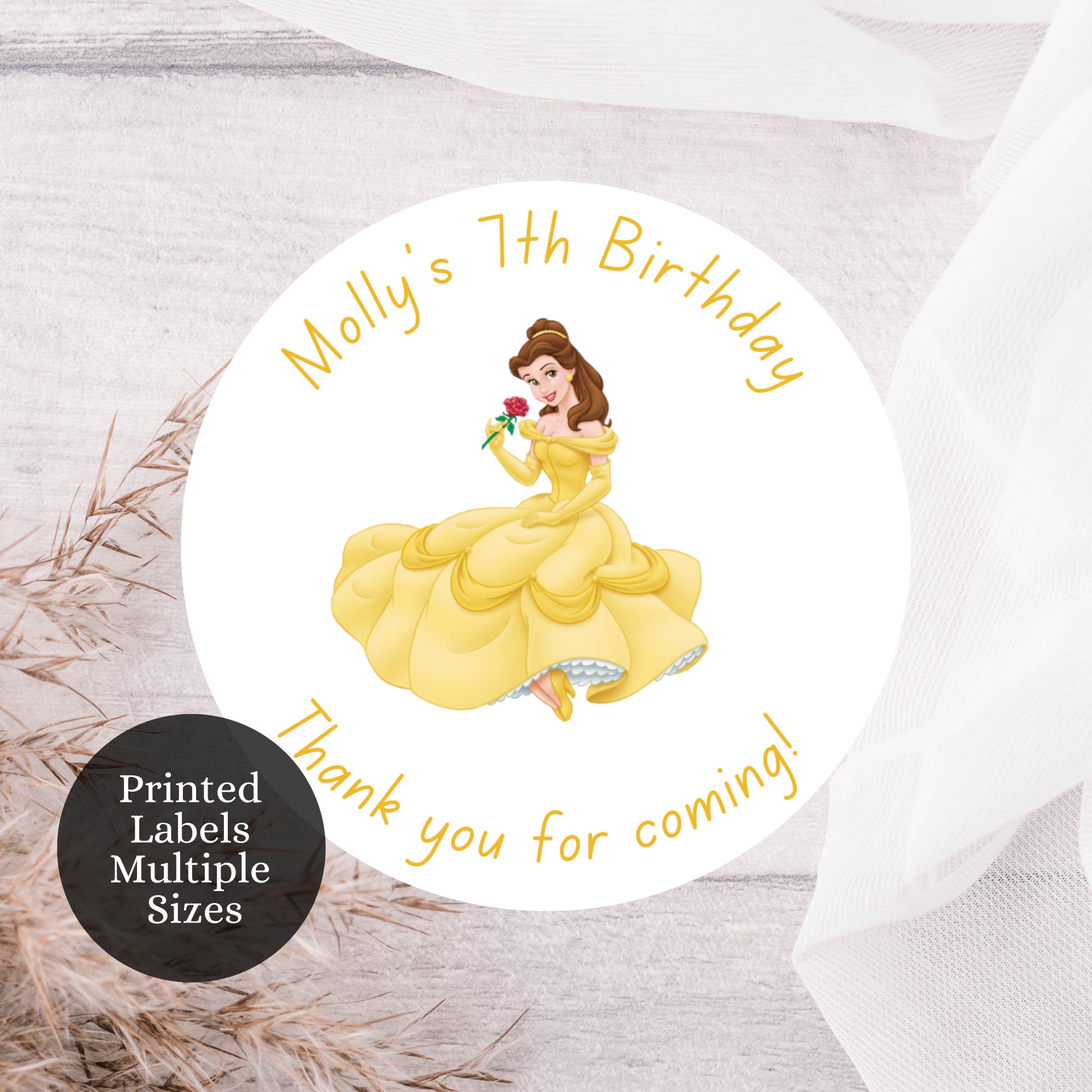 12 pegatinas personalizadas para fiesta de cumpleaños de princesa belle,  caja de regalo