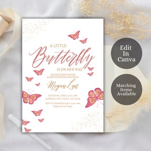 EDITABLE Butterfly Baby Shower Invitation, A Little Butterly Is On the Way, Baby Girl, Shower Invite, Pink and Gold Butterfly, RGB1