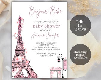 Bewerkbare Bonjour Bebé Paris thema babyshower babyshower, roze Parijs thema babyshower, Franse babyshower, Eiffeltoren, PF1