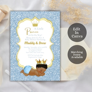 Invitación para baby shower de príncipe azul y dorado, baby shower real, bebé afro, bebé niño, invitación de príncipe real, digital, AB1