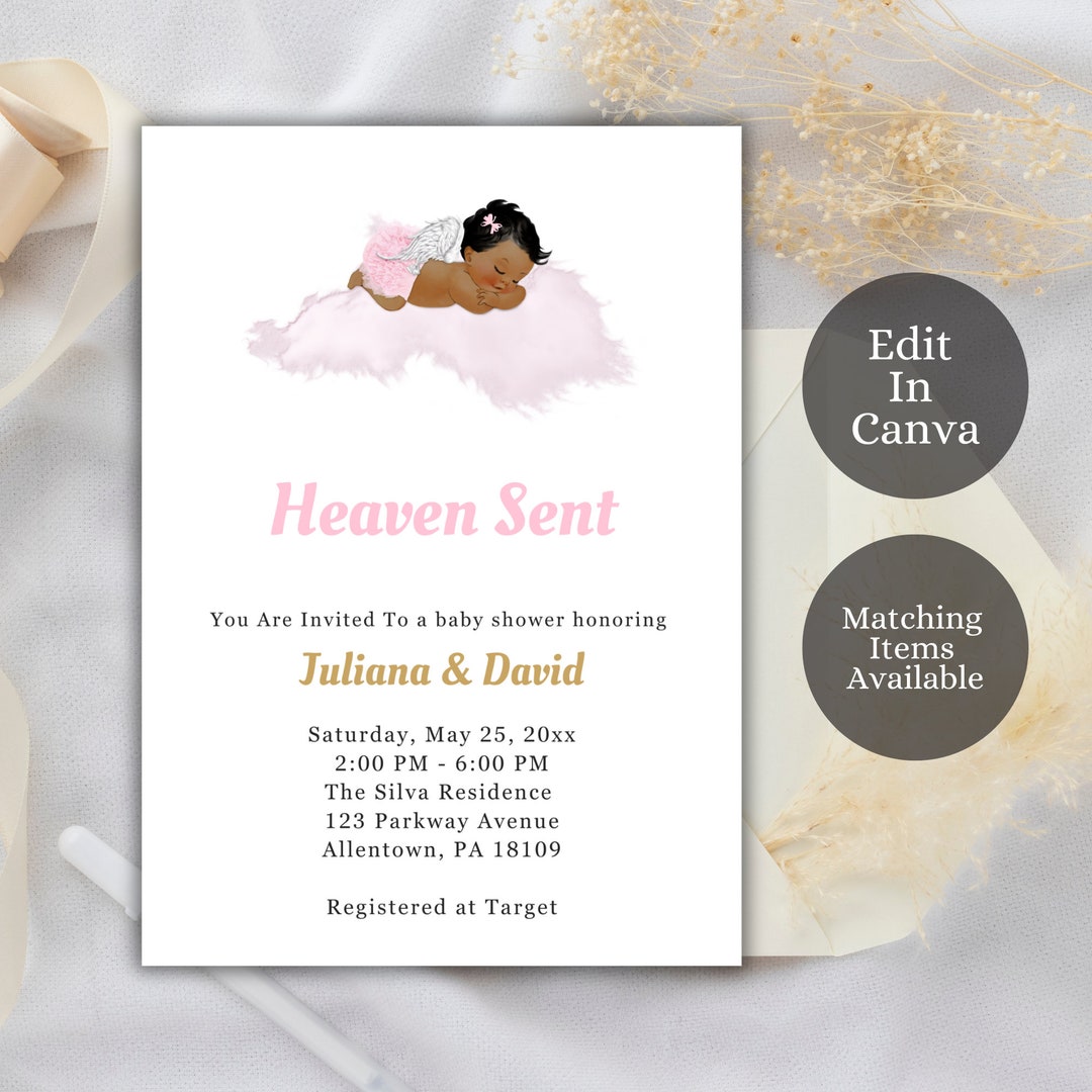 Heaven Sent Baby Shower Invitation, Afro Baby Girl, Baby Shower