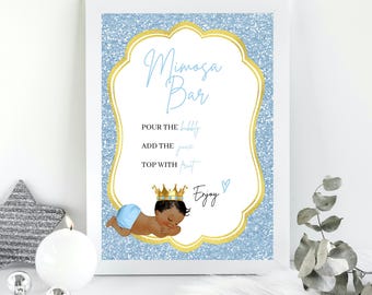 Editable Royal Prince Baby Shower Mimosa Sign, Baby Shower Bar Sign, Brunch and Bubbly Sign, Blue and Gold Themed Bubbly Bar Sign, AB4