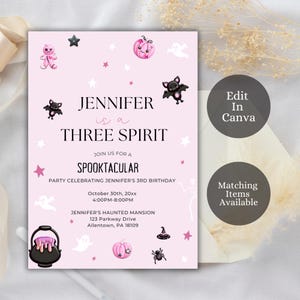 Editable Pink Girly Halloween Birthday Invitation, Pink Ghost Three Spirit 3rd Birthday Party, Spooktacular Party Invite, Halloween, HG1