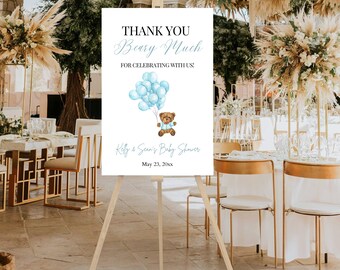 Editable Baby Shower Sign, Baby Shower Welcome Sign, Baby Blue Blue Balloon Bear Baby Shower, Bear Baby Shower, Outdoor Decor, BlueTeddy