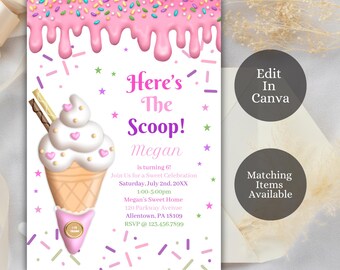 Editable Ice Cream Birthday Invitation, Girl's Birthday Invite, Ice Cream Party Invitation, Here's the Scoop, Canva Template, Icecream1