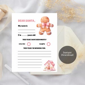 Querido Papá Noel para niños, lista de Navidad para niños, lista de deseos de Navidad para niños, hombre de jengibre, colores pastel